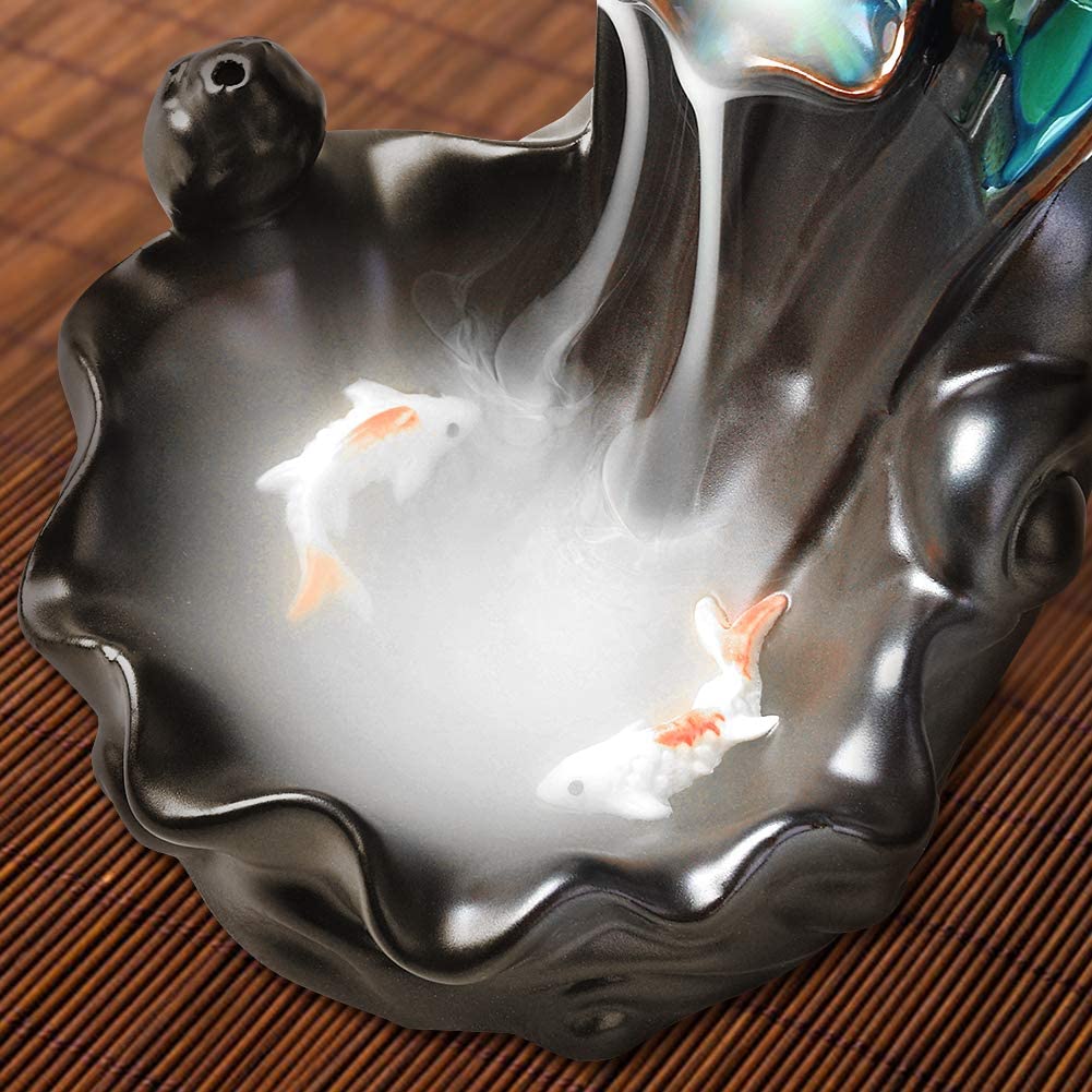 Lotus Waterfall Incense Burner Flower Bud Shape with Koi Fish