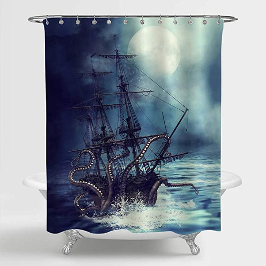 Dark Sea Kraken Octopus Attacking Ship Shower Curtain