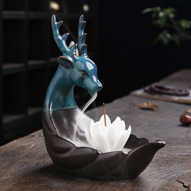 Young Deer Shaped Backflow Incense Burner with Lotus Stick Holder