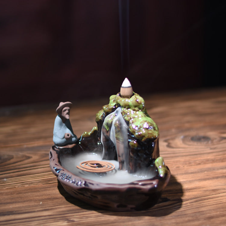 Fishing Boat Waterfall Ceramic Backflow Incense Burner Landscape of Guilin