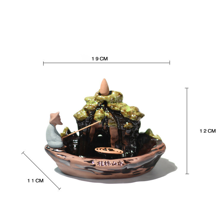 Fishing Boat Waterfall Ceramic Backflow Incense Burner Landscape of Guilin