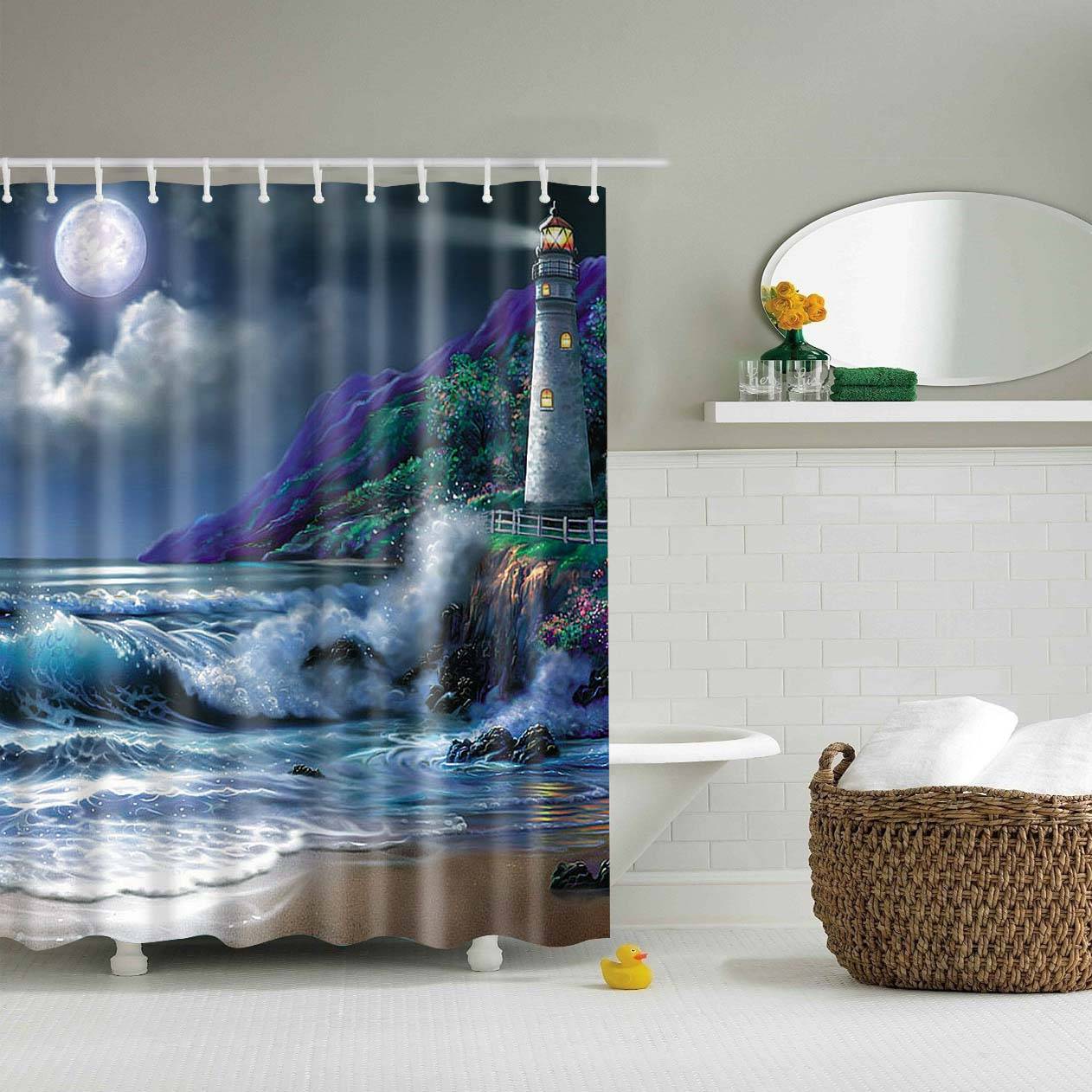 Cartoon Seascape Full Moon Night Lighthouse Shower Curtain