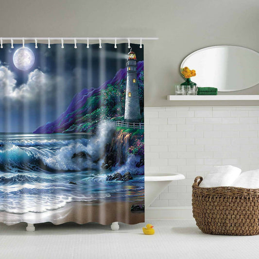 Cartoon Seascape Full Moon Night Lighthouse Shower Curtain