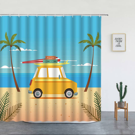 Cartoon Beach Travel Car Shower Curtain | Hawaii Travel Car Batroom Curtain
