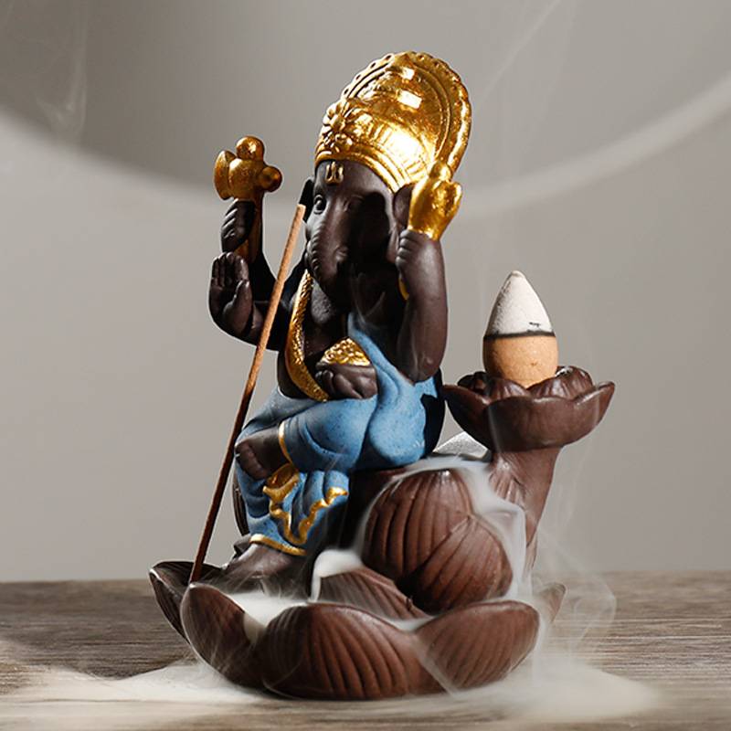 Ganesha Lotus Base Backflow Incense Burner with Incense Stick Holder