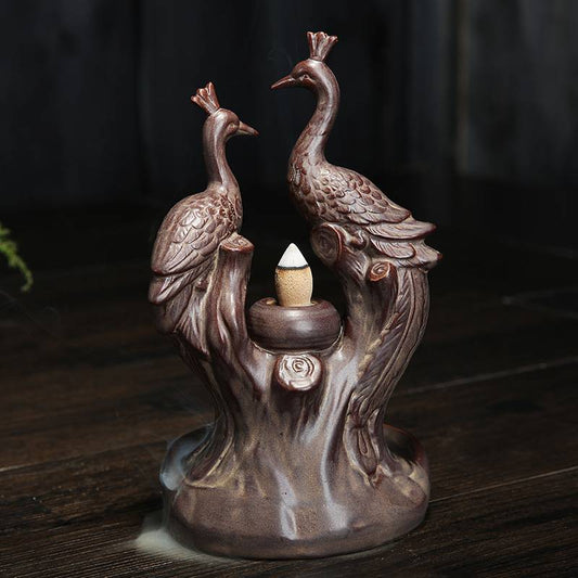 Reverse Smoke Couple Peacock Incense Burner