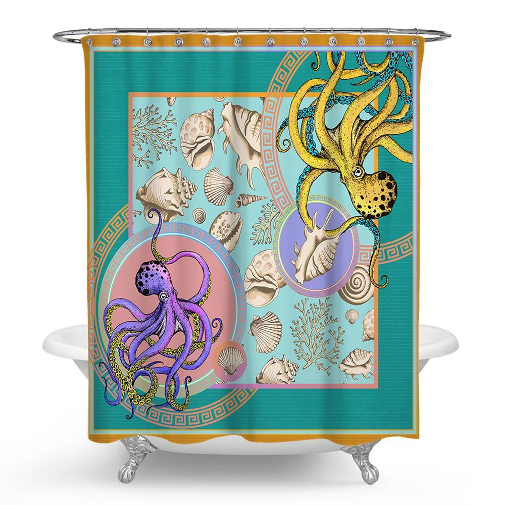Ocean Creature Conch and Tow Octopuese Shower Curtain | Conch Octopus Shower Curtain