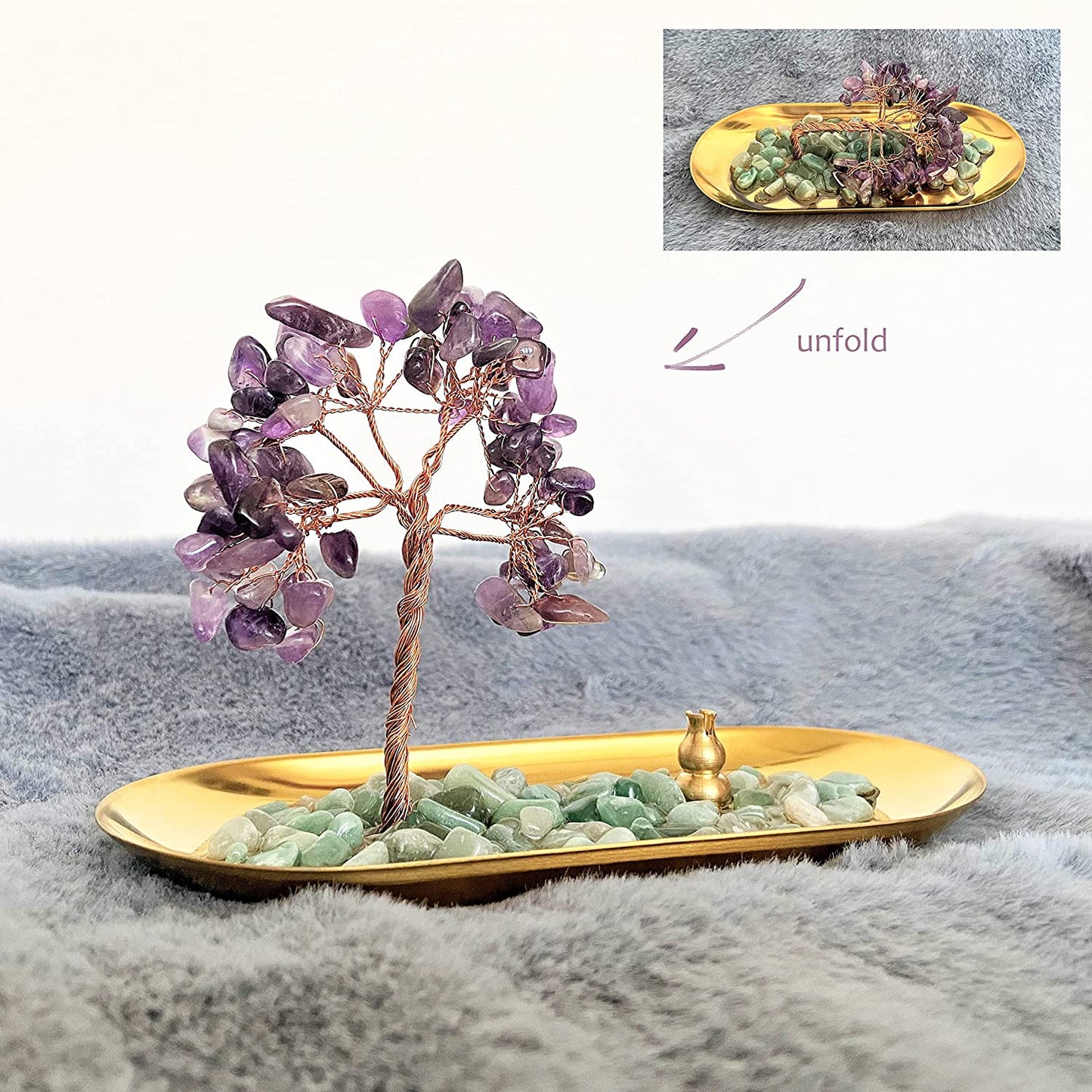 Crystal Tree Incense Holder for Sticks Natural Gem Incense Burner with Golden Tray