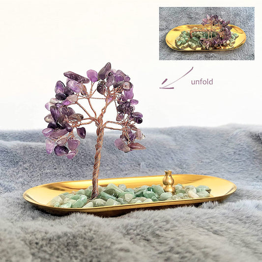 Crystal Tree Incense Holder for Sticks Natural Gem Incense Burner with Golden Tray