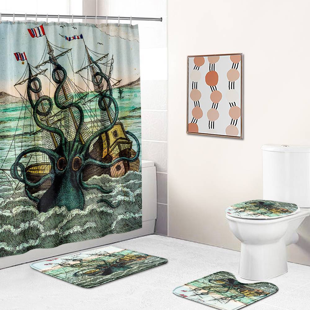 Giant Octopus Kraken Attacking Ship Shower Curtain | Giant Octopus Attacking Ship Shower Curtain