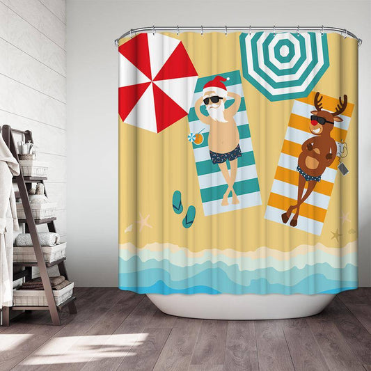 Summer Holiday Christmas Sunbathing Santa Deer Shower Curtain