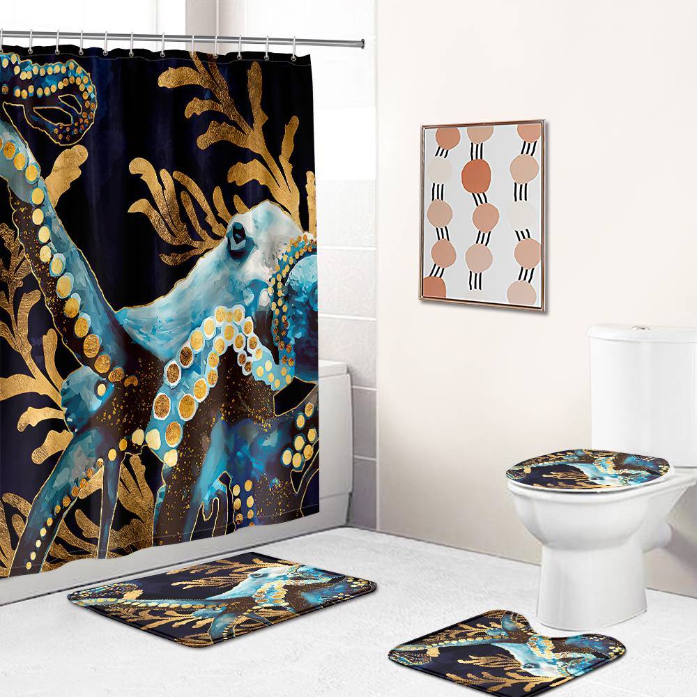 Blue Gold Octopus Shower Curtain | Blue Gold Octopus Bathroom Curtain