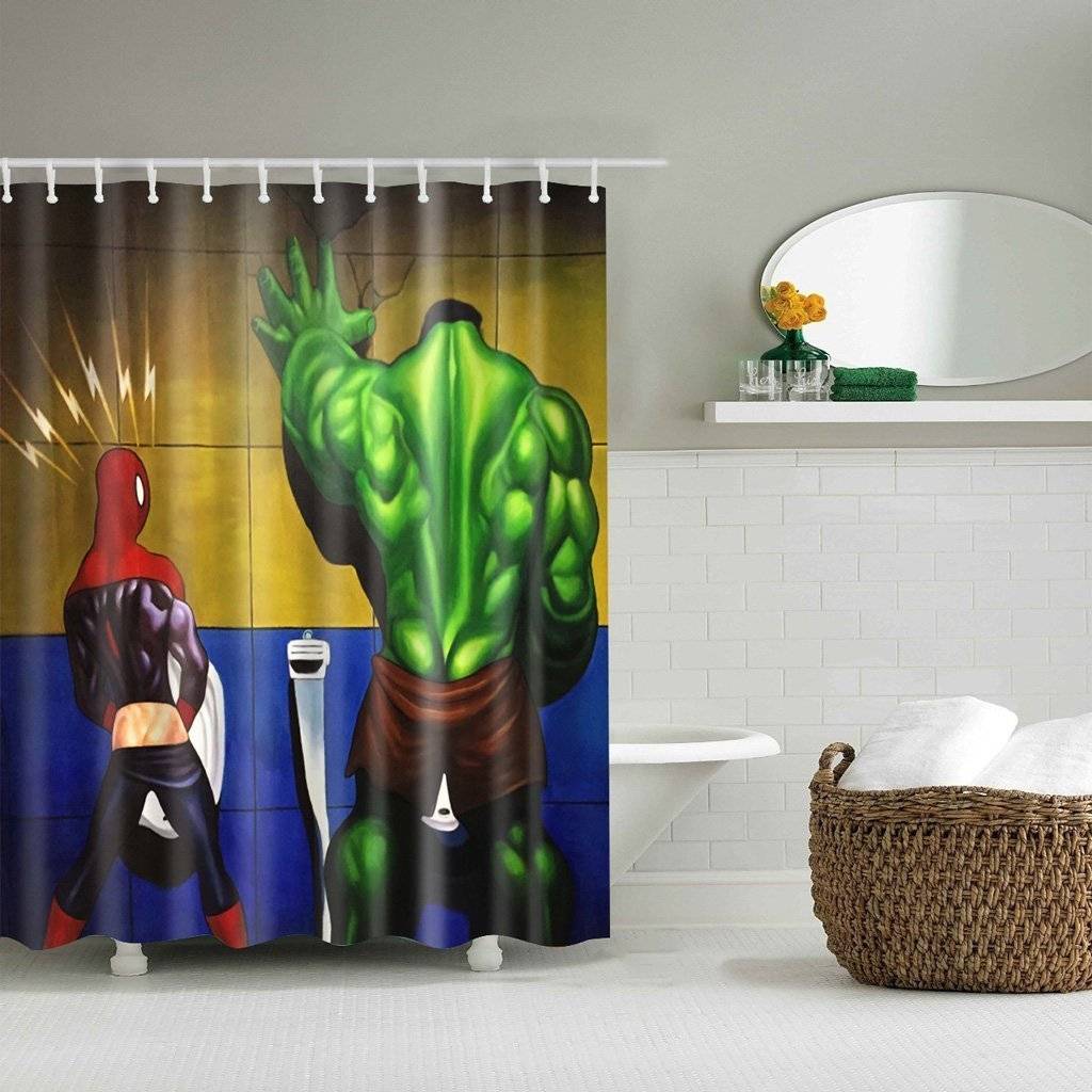 Cartoon Funny Meet in Toilet Spider Man Hulk Shower Curtain