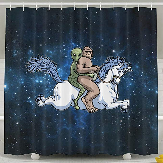 Riding Unicorn at Galaxy Funny Ancient People Alien Shower Curtain