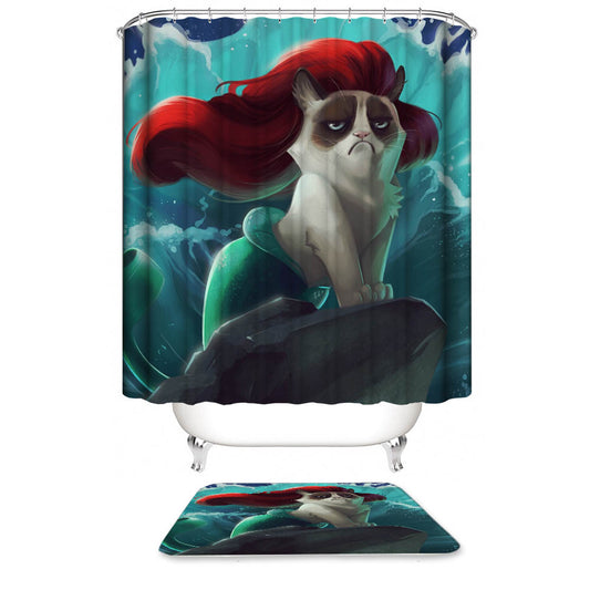 Cartoon Grumpy Cat Mermaid Shower Curtain