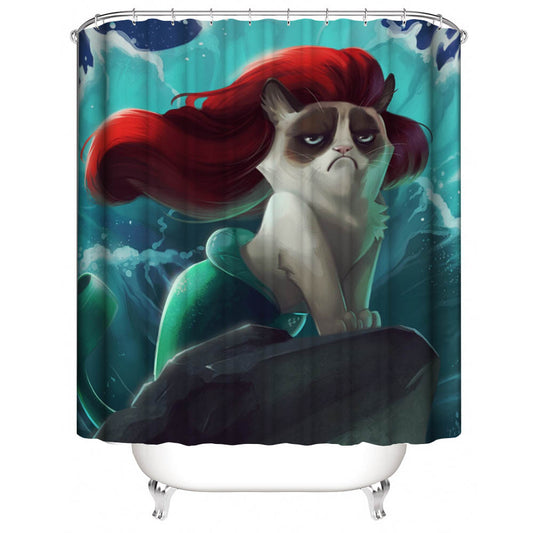 Cartoon Grumpy Cat Mermaid Shower Curtain
