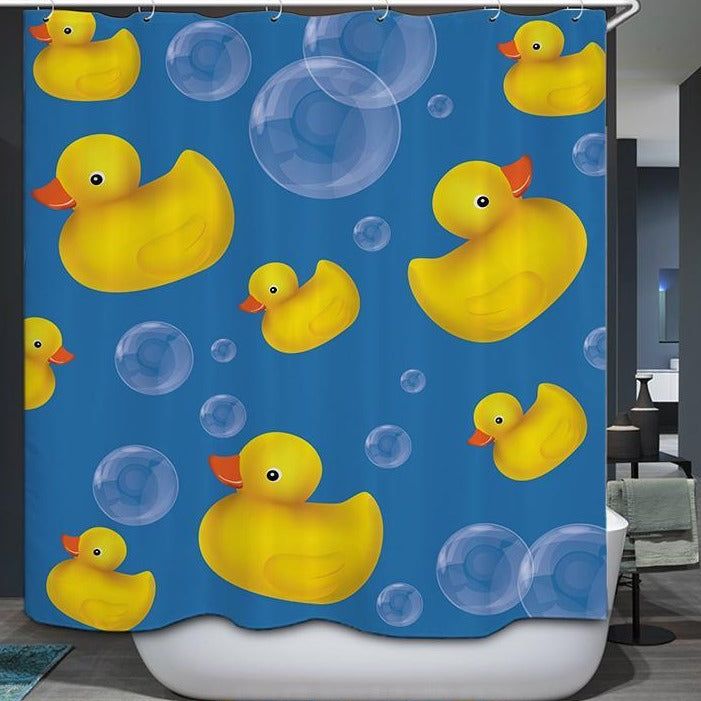 Blue Backdrop Little Yellow Ducks Bubbles Rubber Duck Shower Curtain