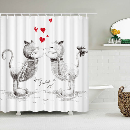 Kissing Valentines Cat Shower Curtain | Kissing Cat Bathroom Curtain