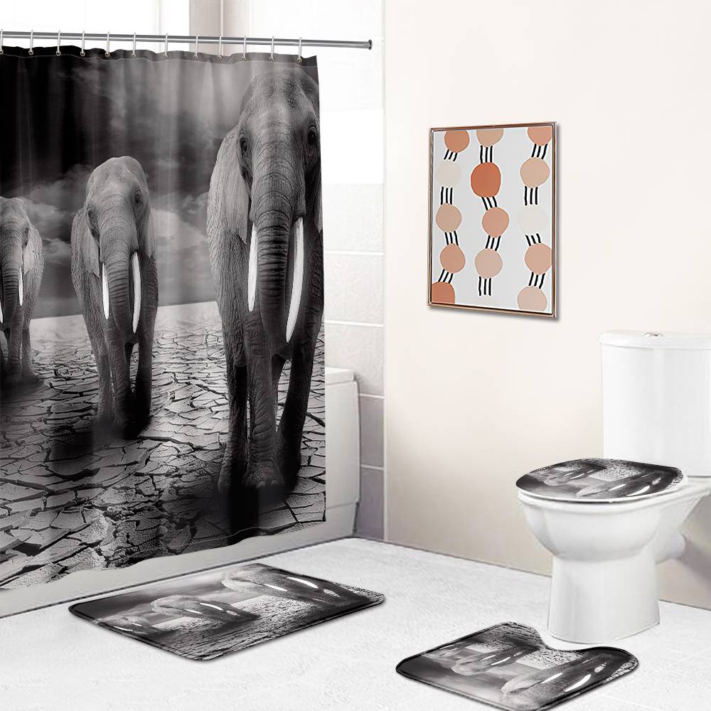 Mono Style Elephants Walking on Barren Land Shower Curtain
