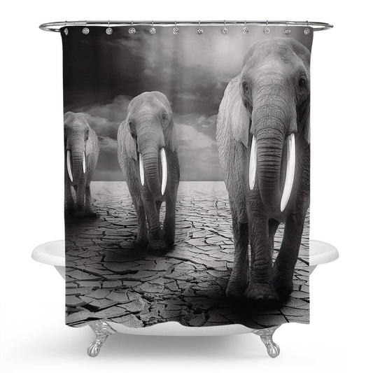 Mono Style Elephants Walking on Barren Land Shower Curtain