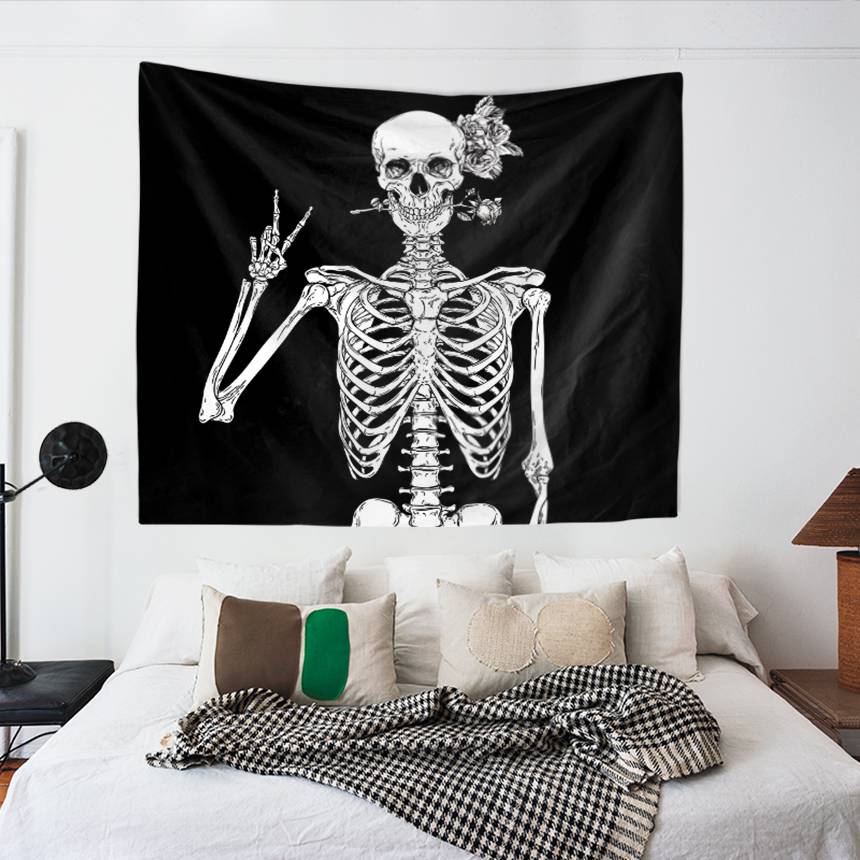 Black and White Rose Skeleton Tapestry for Bedroom Living Room | Rose Skeleton Tapestry