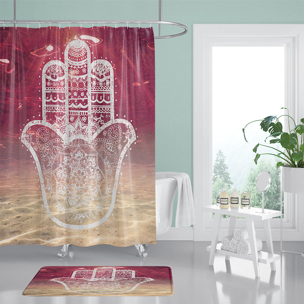 Under The Red Sea Hamsa Hand Shower Curtain with Mandala Boho Pattern | Under The Red Sea Hamsa Shower Curtain