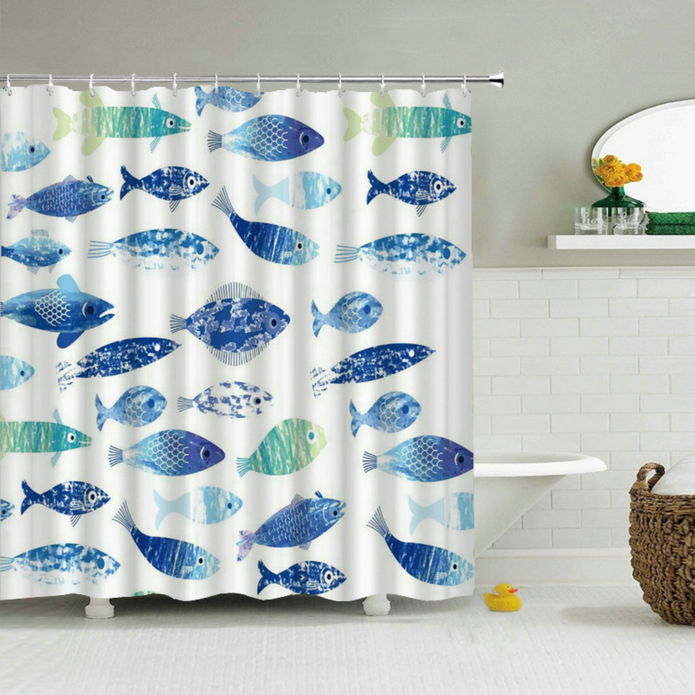 All Kinds of Blue Fish Shower Curtain, Waterproof, Marine Animals Bathroom  Decor