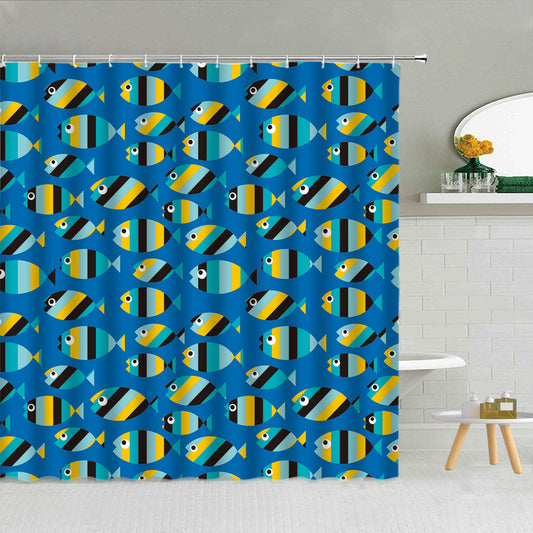 Black, Blue and Yellow Striped Fish Shower Curtain | Fish School Bathroom Curtain