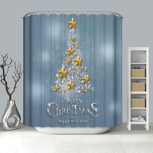 Golden Stars Crystal Christmas Tree Shower Curtain