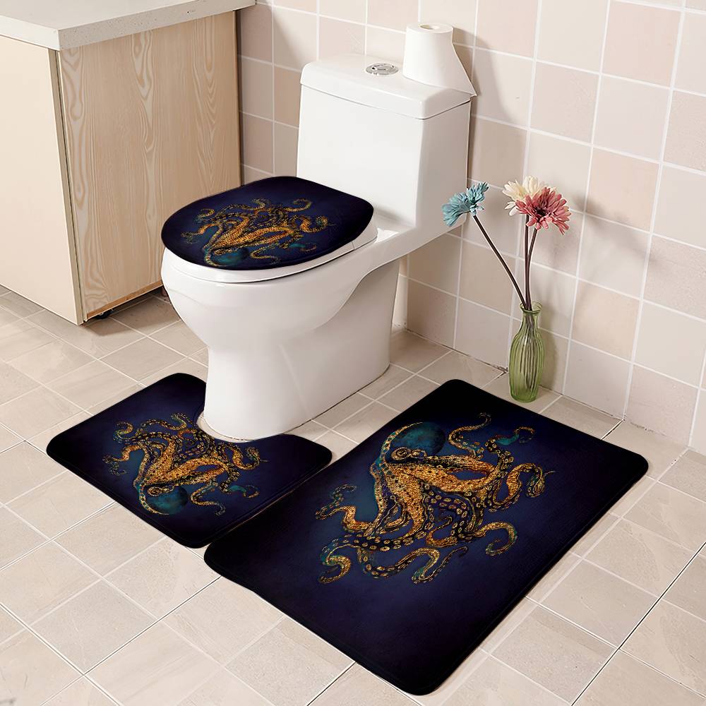 Dark Background Gold Octopus Shower Curtain | Gold Octopus Bathroom Curtain