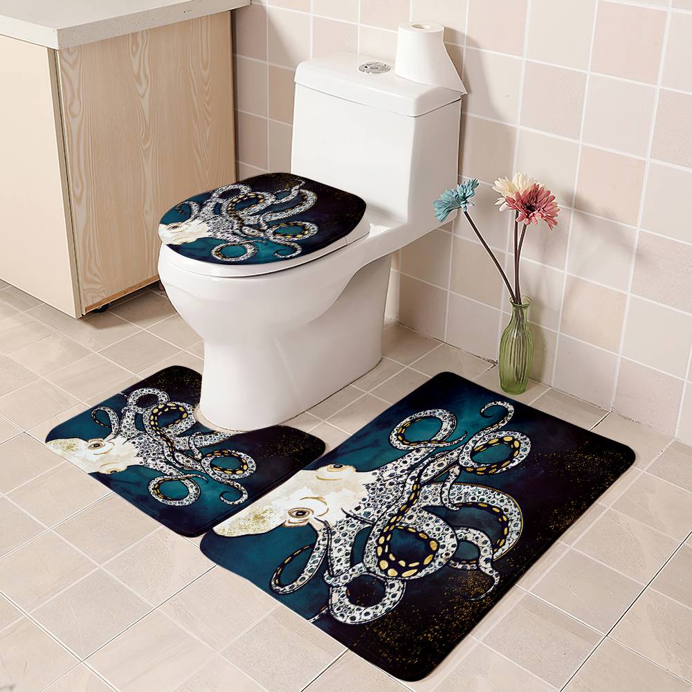 Dark Blue Backgroup White Octopus Shower Curtain | Octopus Bathroom Curtain