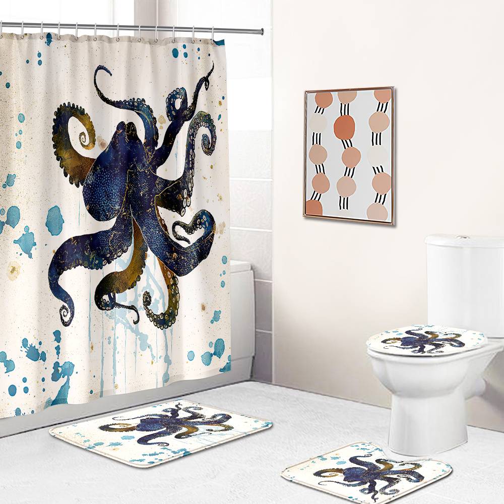 Watercolor Drak Blue Octopus Shower Curtain | Watercolor Drak Blue Octopus Shower Curtain