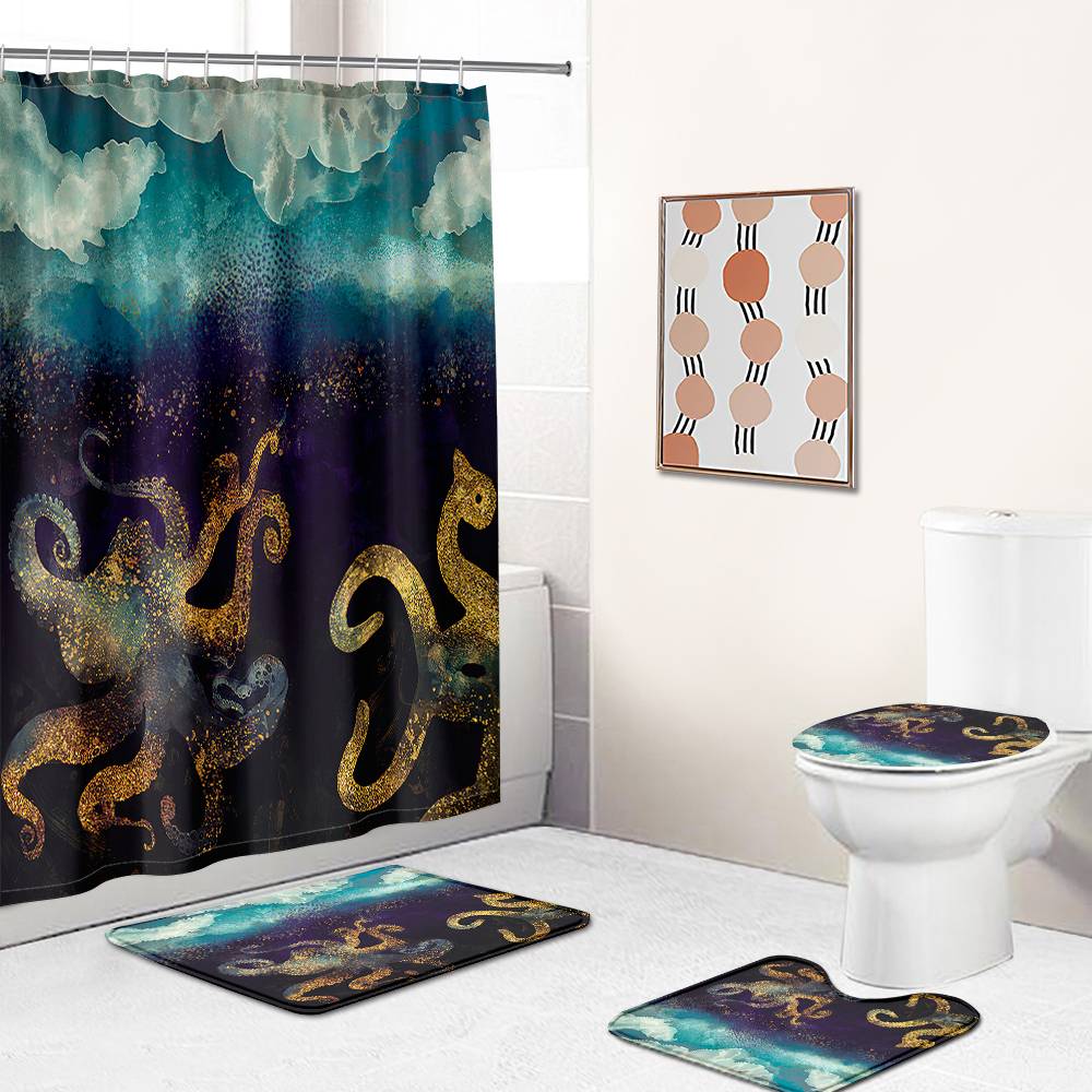 Watercolor Gold Octopus Shower Curtain | Art Gold Octopus Shower Curtain