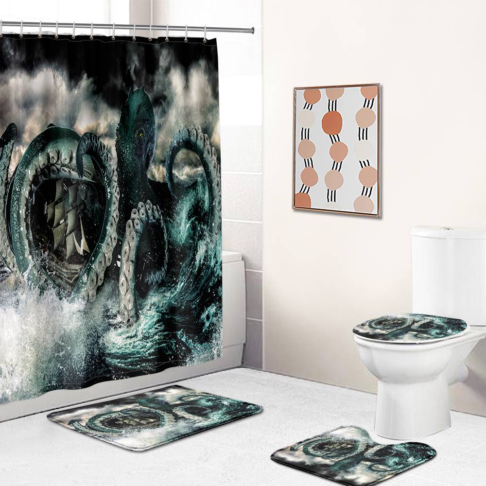Kraken Attacking Ship Colossal Octopus and Ship Shower Curtain | Kraken Attacking Ship Shower Curtain