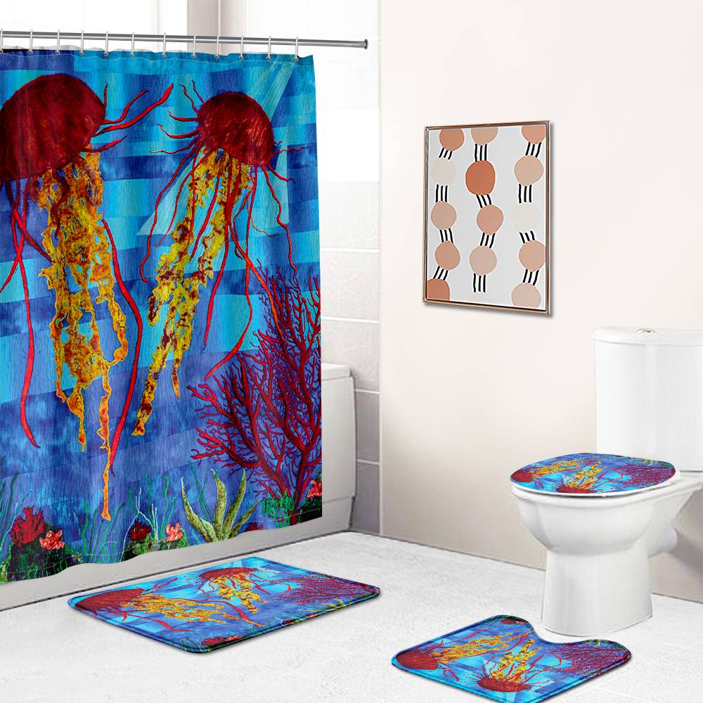 Red Coral and Jellyfish Shower Curtain | Coral Jellyfish Bathroom Curtain