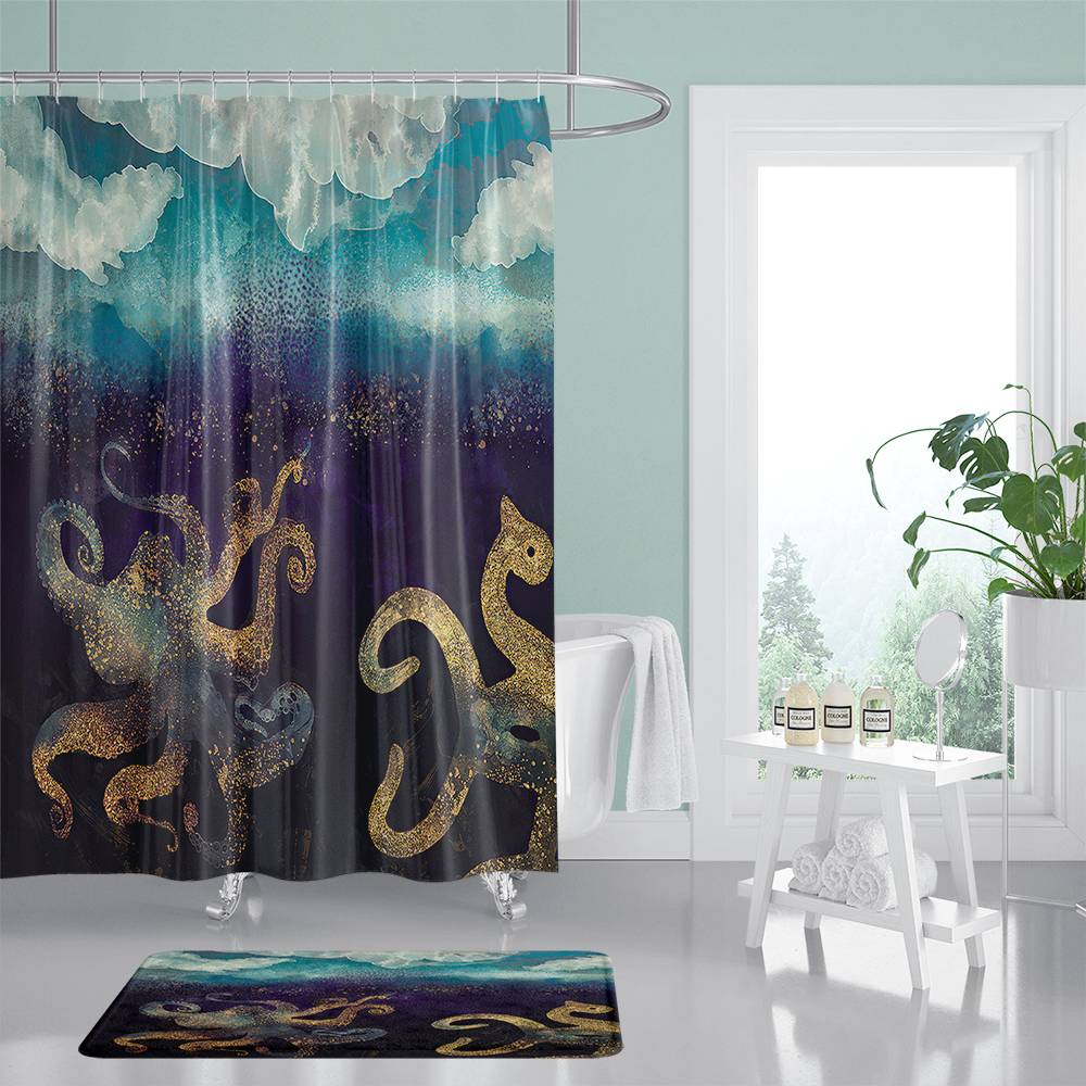 Watercolor Gold Octopus Shower Curtain | Art Gold Octopus Shower Curtain