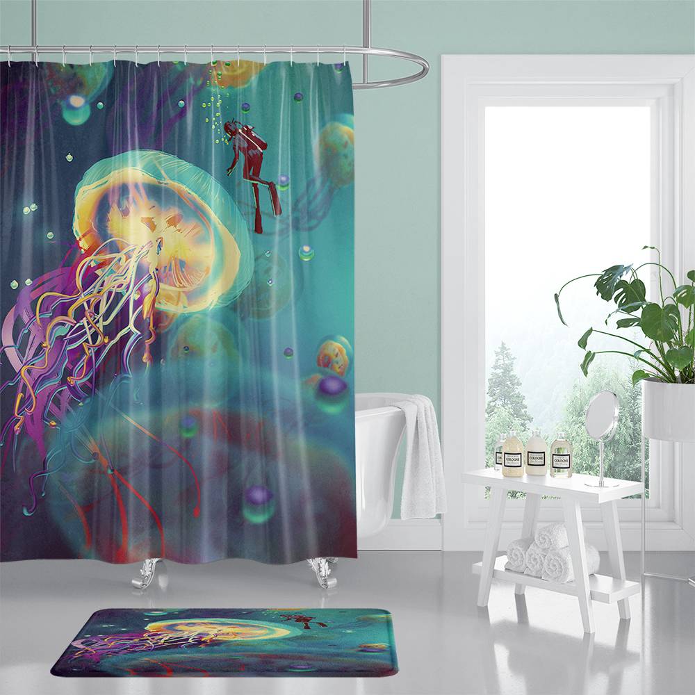 Under The Sea Diver and Jellyfish Shower Curtain | Jellyfish Bathroom Curtain