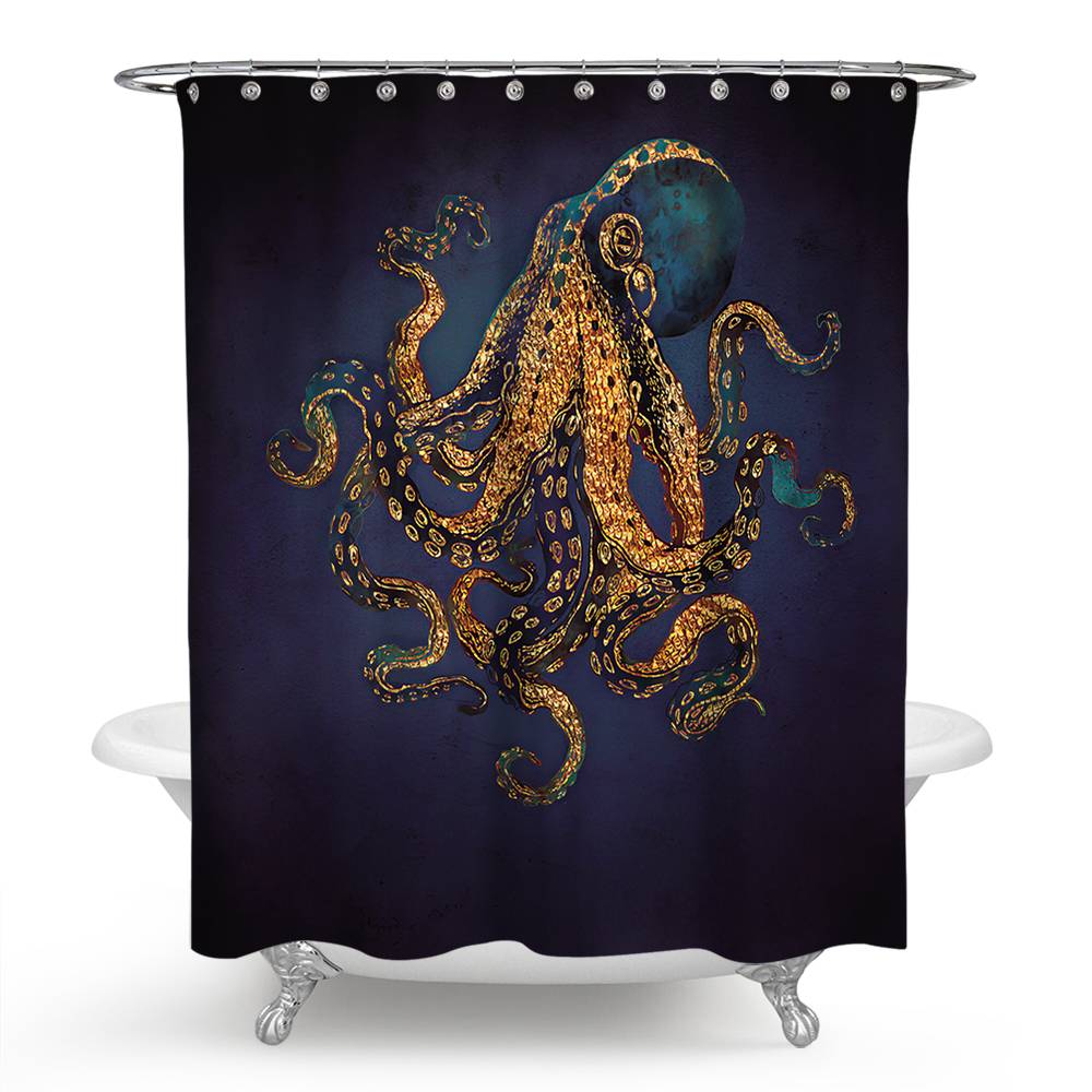 Dark Background Gold Octopus Shower Curtain | Gold Octopus Bathroom Curtain