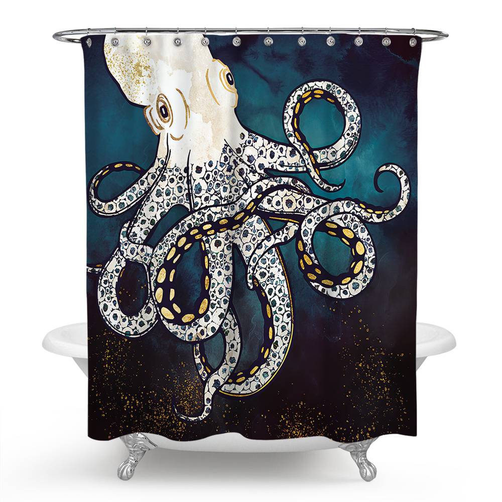 Dark Blue Backgroup White Octopus Shower Curtain | Octopus Bathroom Curtain