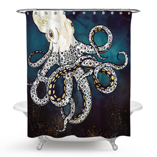 Dark Blue Backgroup White Octopus Shower Curtain | Octopus Bathroom Curtain