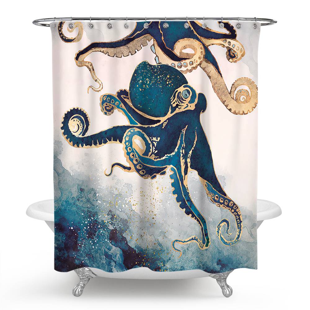 Watercolor Blue Octopus Shower Curtain | Watercolor Blue Octopus Bathroom Curtain