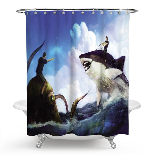 Funny Cartoon Human Ride Kraken Battle with Shark Shower Curtain | Octopus Battle with Shark Bathroom Curtain