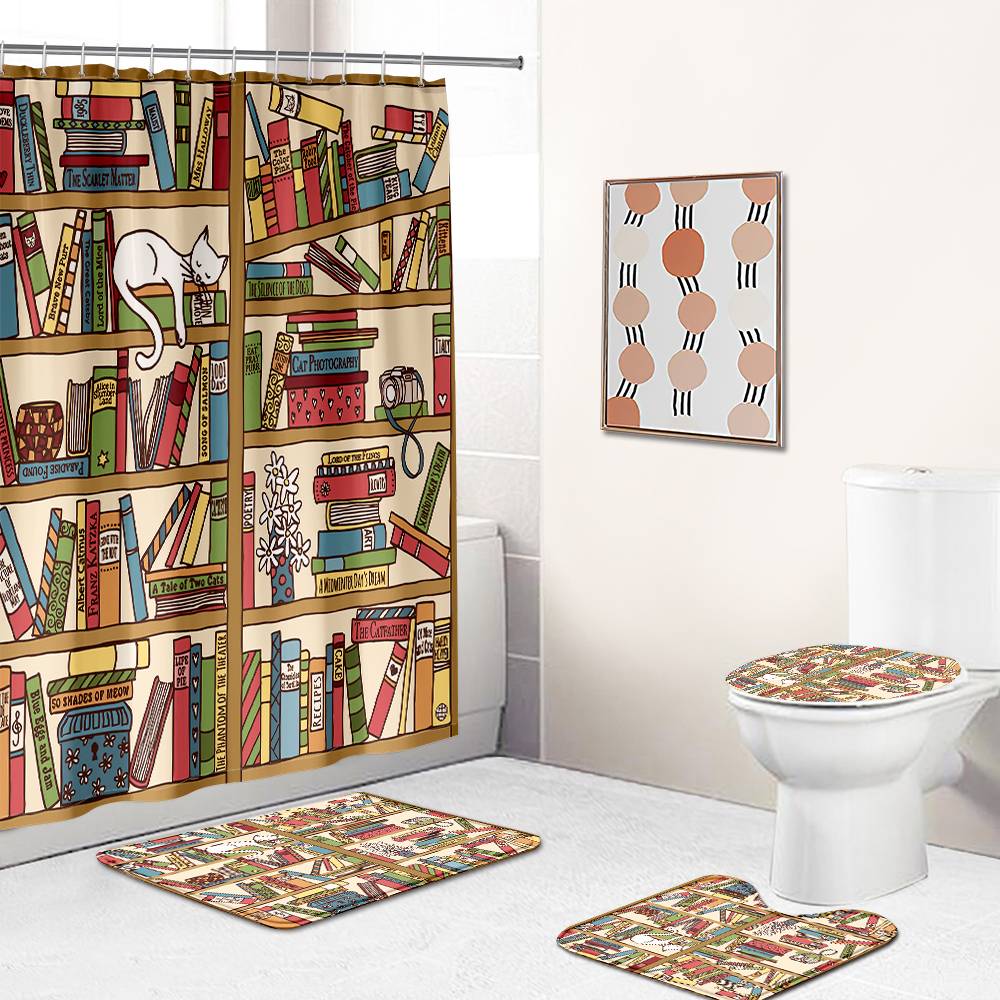 Cartoon Cute Cat Lying Bookshelf Shower Curtain