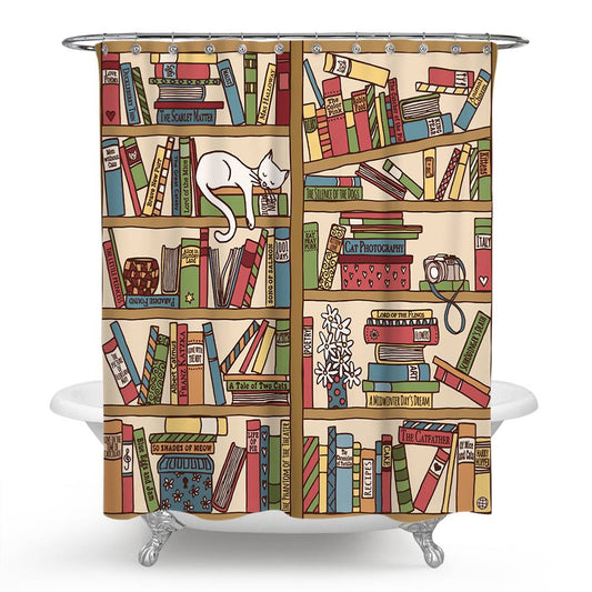 Cartoon Cute Cat Lying Bookshelf Shower Curtain | Cartoon Bookshelf Bathroom Curtain
