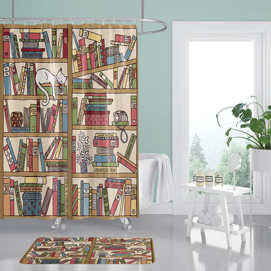 Cartoon Cute Cat Lying Bookshelf Shower Curtain | Cartoon Bookshelf Bathroom Curtain