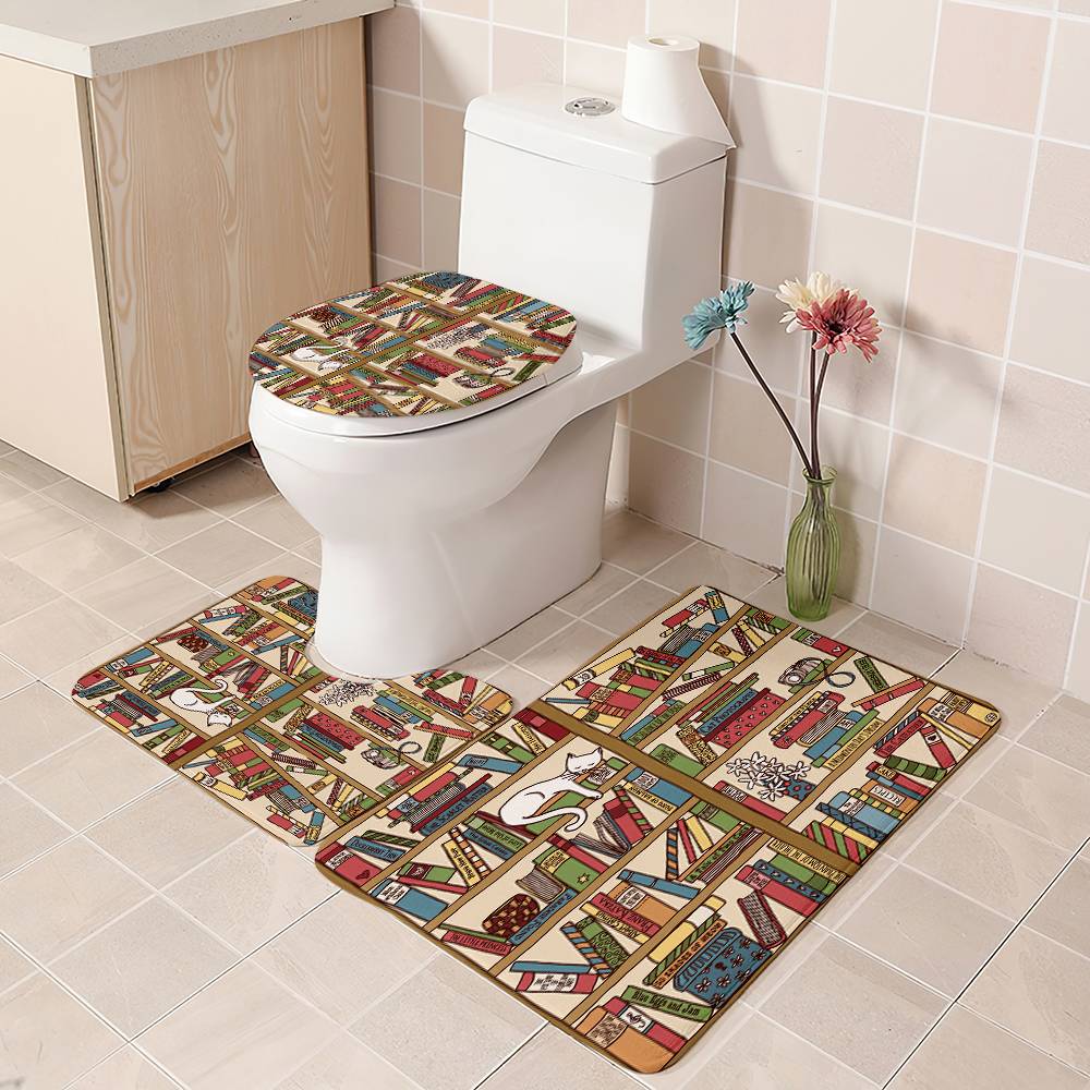 Cartoon Cute Cat Lying Bookshelf Shower Curtain | Cartoon Bookshelf Bathroom Curtain