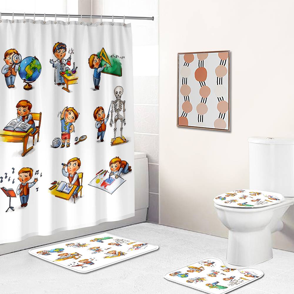 School Day Life Schoolboy Shower Curtain for Kids Educational | School Day Life Schoolboy Bathroom Curtain