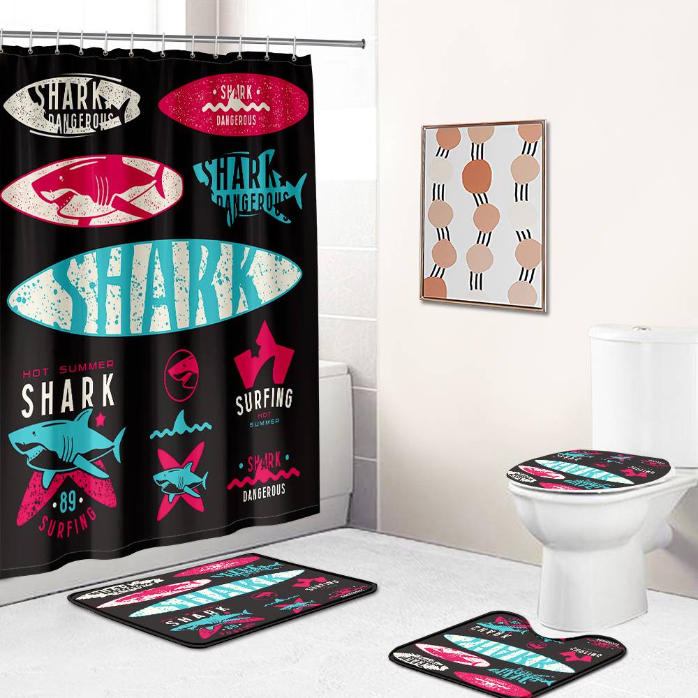 Hot Summer Trademark Style Surfing Shark Shower Curtain | Shark Bathroom Curtain