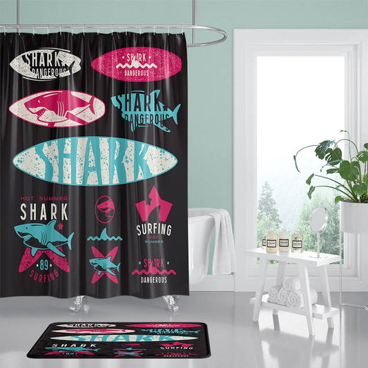 Hot Summer Trademark Style Surfing Shark Shower Curtain | Shark Bathroom Curtain