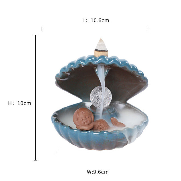 Mermaid Blue Shell Incense Burner with LED Ball Backflow Smoke Holder